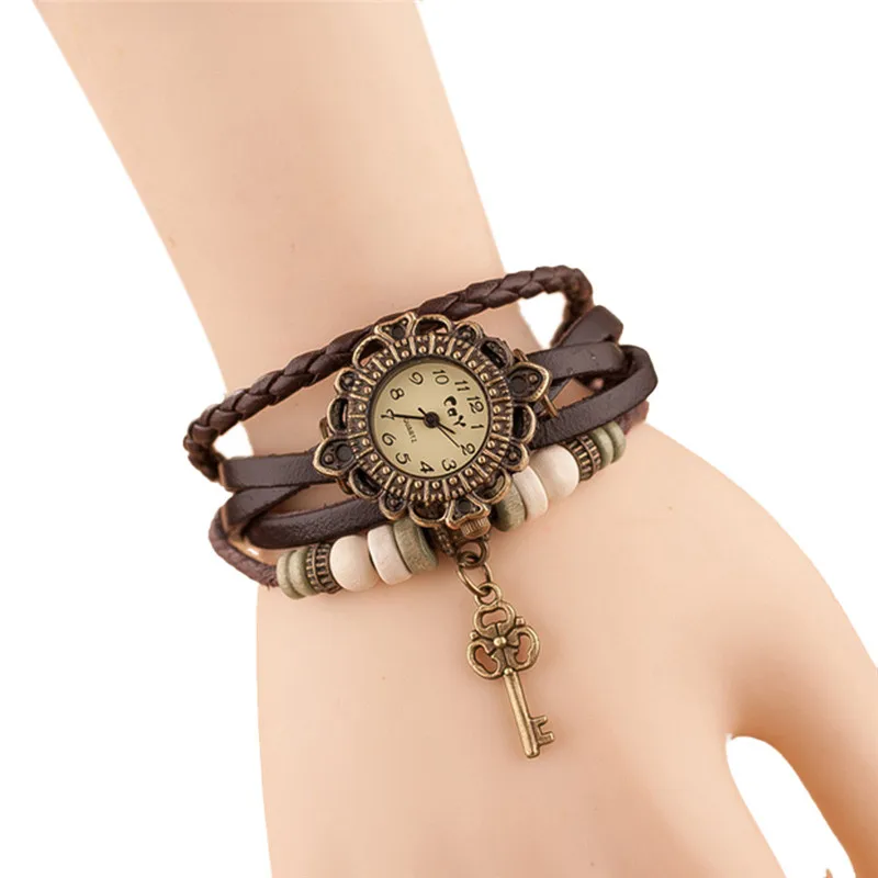 Модные часы с кожаным браслетом, женские повседневные часы, винтажные наручные часы с бусинами в виде листьев, Роскошные Кварцевые женские часы, relogio feminino# C - Color: C