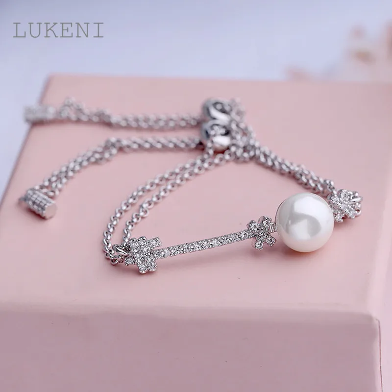 

LUKENI Personality Fashion Women White Color Cubic Zircon Geometry Type Pearl Single Knot Micro Sliding Adjustable Bracelets &