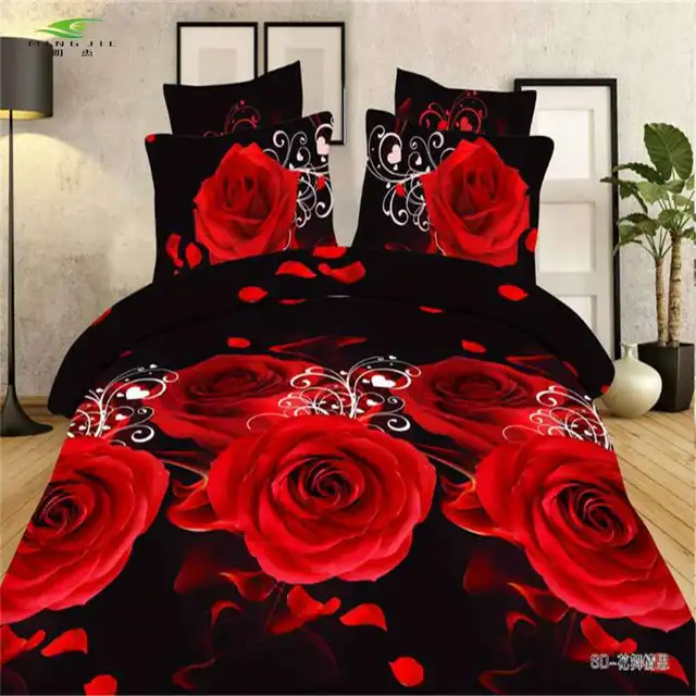 Red Rose 3D Bed Sheet Flat Screen Printing Bed Cover Bed Queen Size Bed ...