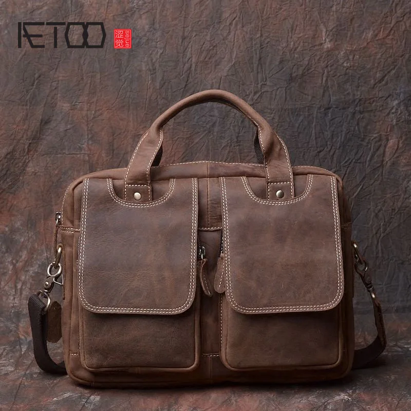 AETOO Handmade Men's Bags Original Genuine Leather Handbag Make Old Mare Marble Men's Shoulders Messenger A4 File Computer Bag