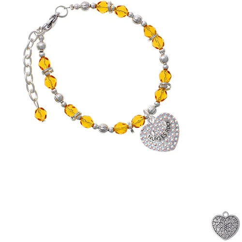Silvertone Nurses Rock on AB Crystal Heart Yellow Beaded Bracelet
