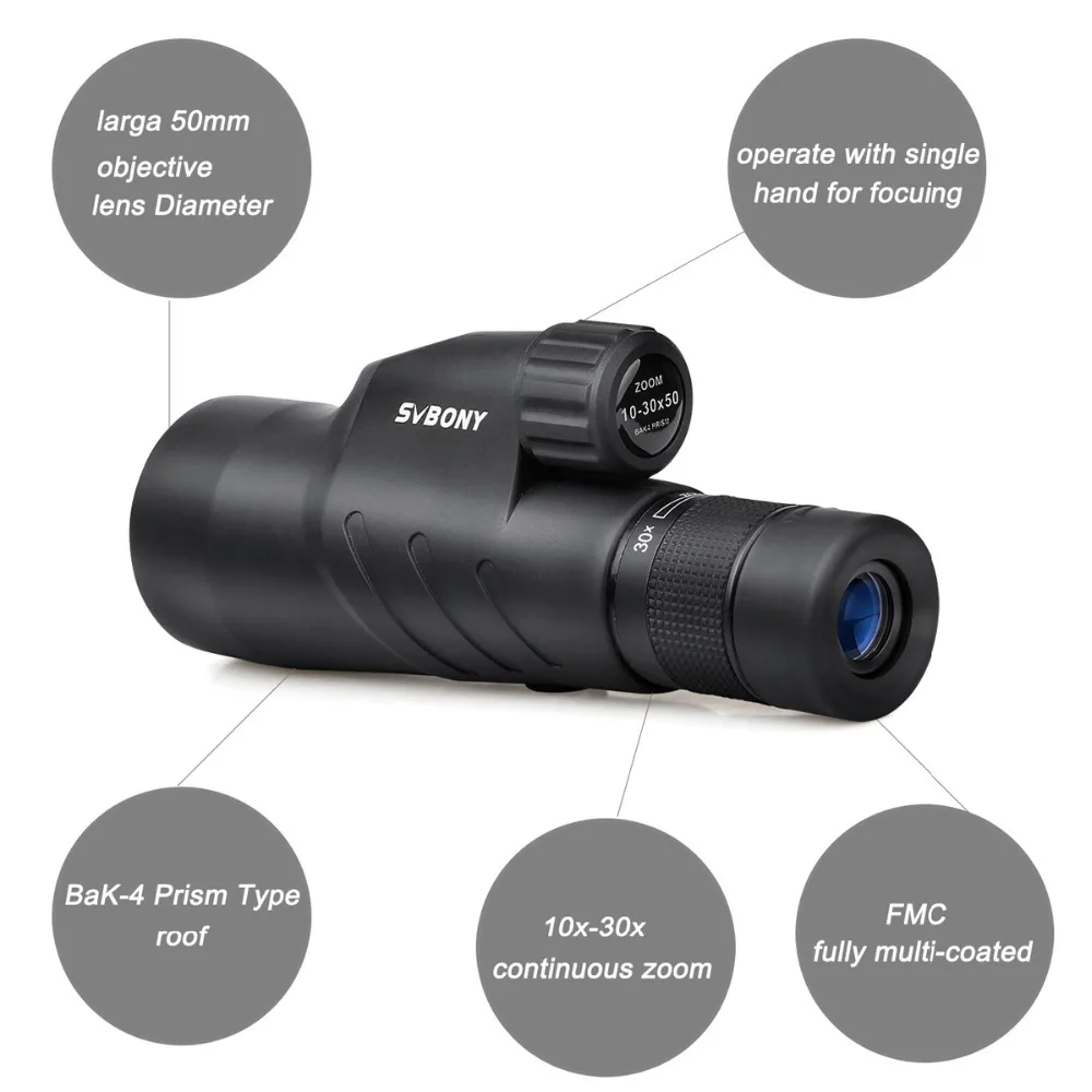 SVBONY 10 30x50 Zoom Монокуляр BaK4 Prism Водонепроницаемый натуральную мощный телескоп