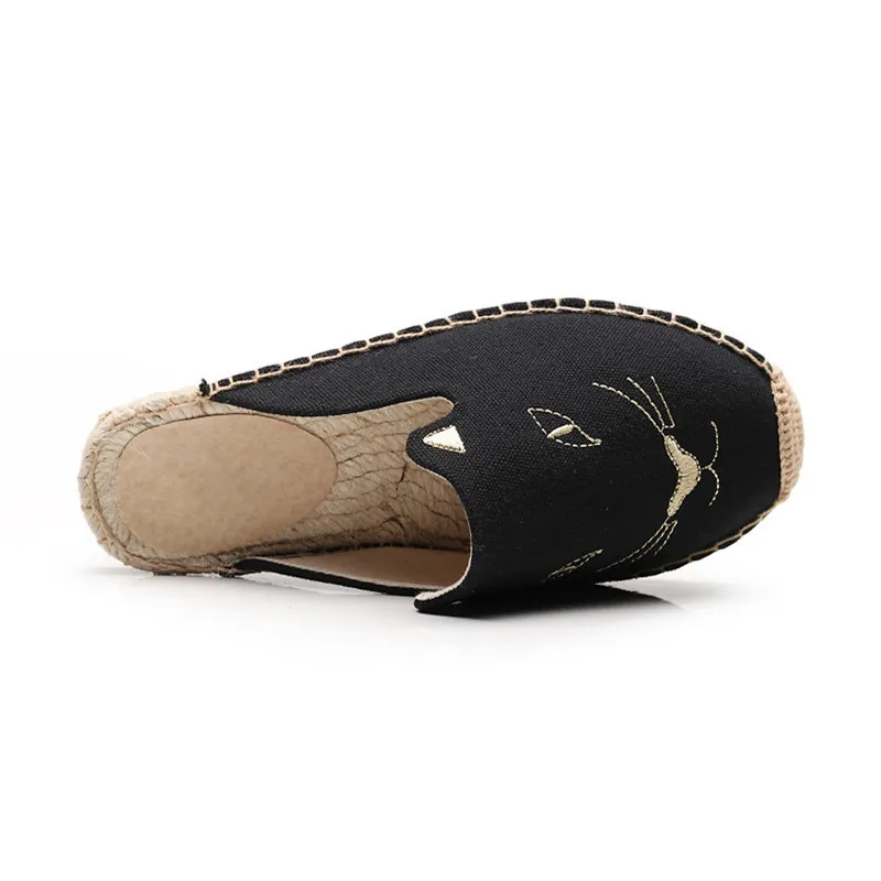 2019 Summer New Female Embroidery Cats Sippers Round Toe Lady Flat Espadrilles Slide Fisherman Shoes Slip On Women Beach Sandals (17)