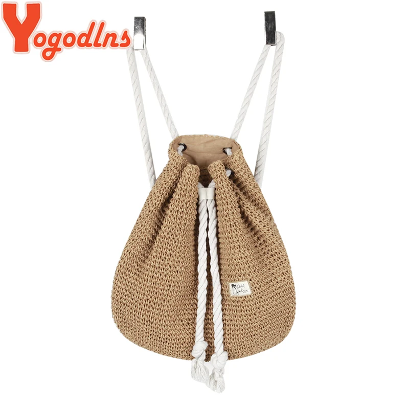 

Yogodlns 2019 Summer Women Straw Backpack Handmade Beach Bag Drawstring Knapsack Knitted Crocheted Shoulder Bag Travel Bag