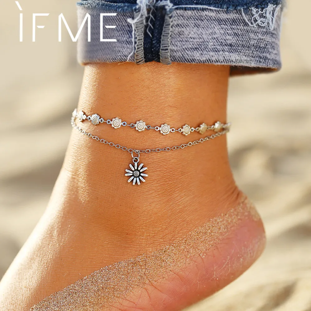 

IF ME Bohemian Vintage Silver Color Flower Anklets for Women Multilayer Beach Bracelet on Leg Ankle Foot Female Jewelry 2019 NEW