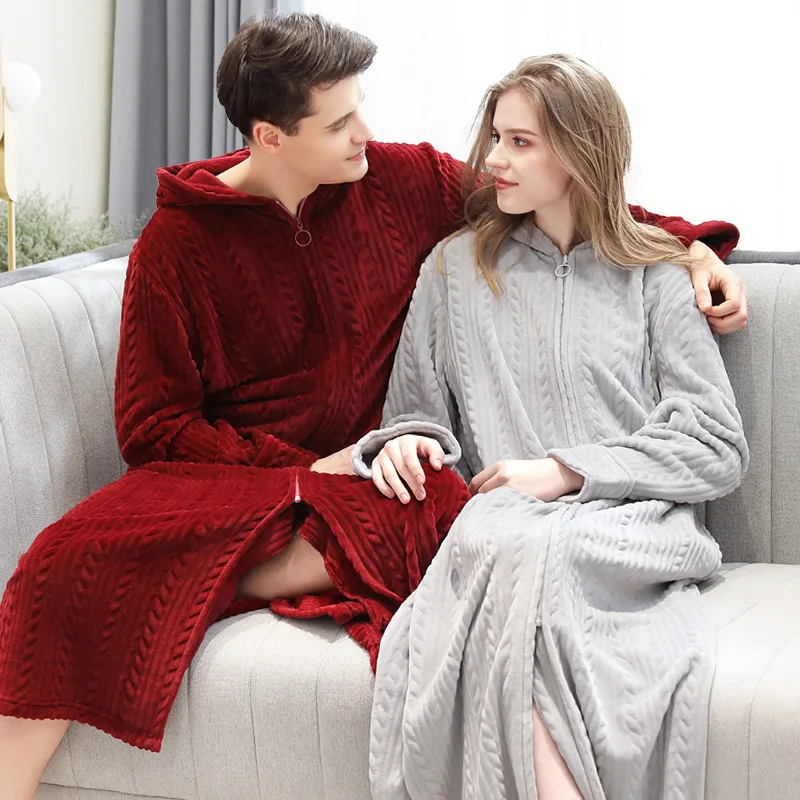 Men's Bathrobe with Hooded Flannel Winter Warm Long Robes Couples Fleece Zipper Kimono Male Bath Robe 2019 New Lounge wear