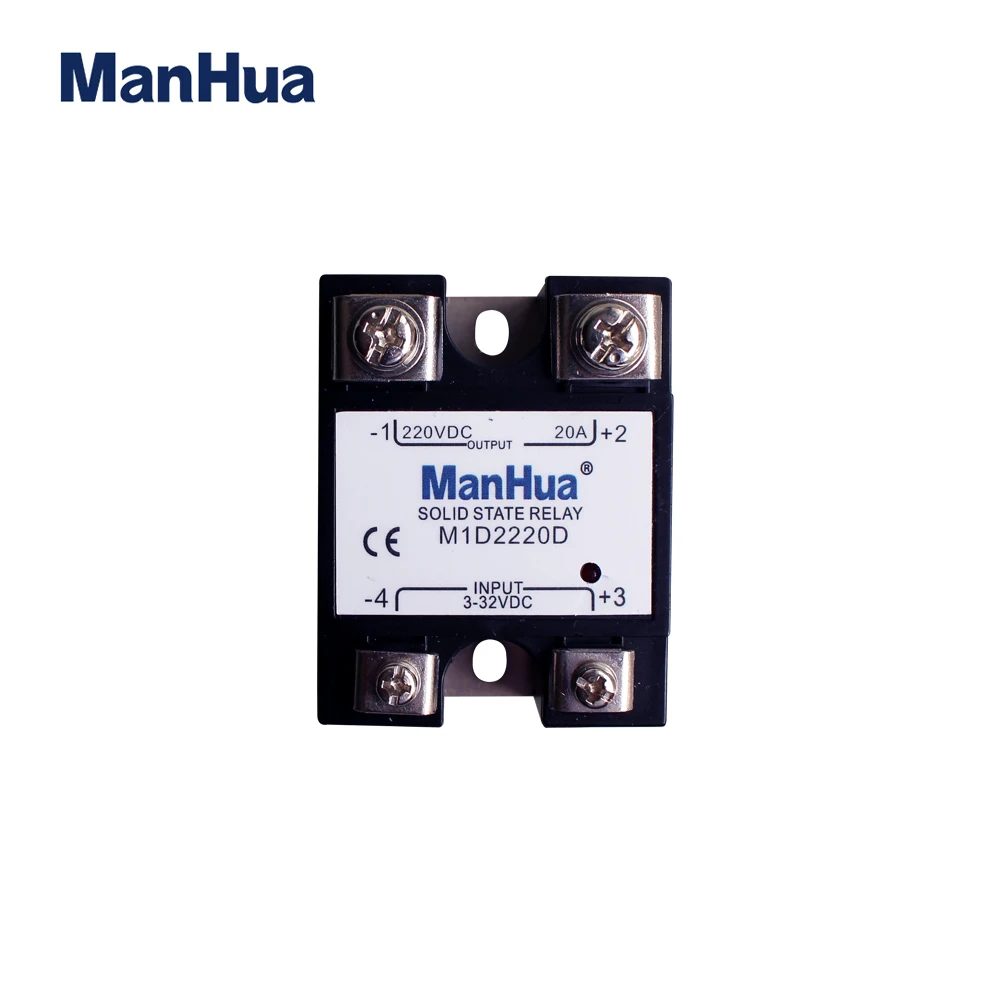 

Manhua Single Phase Solid State Relay M1D2220D 3-32VDC Control 220VDC 20A Low Power SSR with CE Certificates