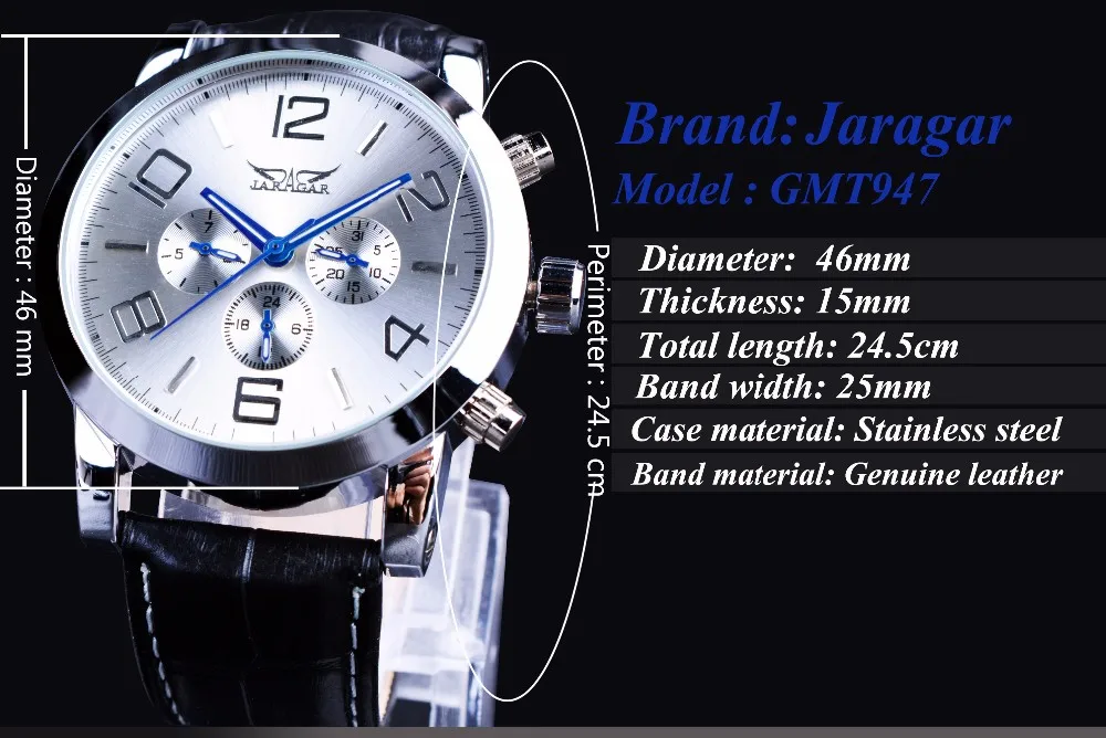 Jaragar 6 синие руки дисплей модный дизайн Серебряный чехол для мужчин часы лучший бренд класса люкс Натуральная кожа Ремешок Автоматические наручные часы