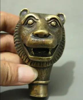 

China Chinese Bronze Handmade Carved Animal Tiger Head Statue Walking Stick Head