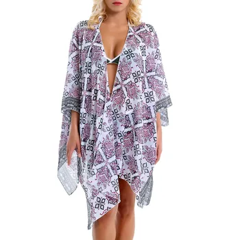 

2019 Sexy Chiffon Perspective Beach Dress Women Summer Printed Floral Beach Tunics Shawl Cardigan Bikini Cover Up Kaftan Pareos
