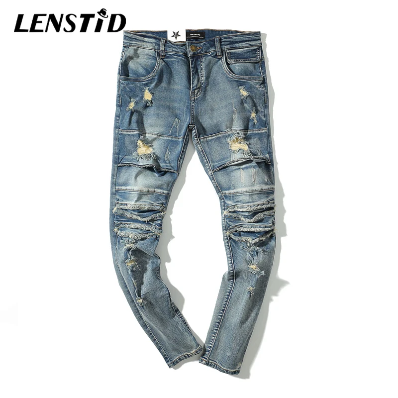 LENSTID хип-хоп джинсы в стиле стрит мужские новые джинсовые брюки рваные винтажные брюки шаровары брюки фирменная одежда