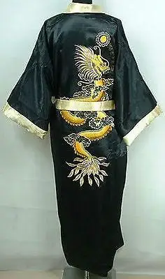 Black Double-Side Embroidery Dragon Male Long Robe Chinese Men Silk Satin Men's Dragon Kimono Robe Gown Reversible Bathrobe pajama joggers