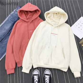 

Hoodies Women New Hooded Solid Thicker Loose Long Sleeve Pockets Womens Hoodie Korean Style Trendy Simple Warm Kawaii All-match