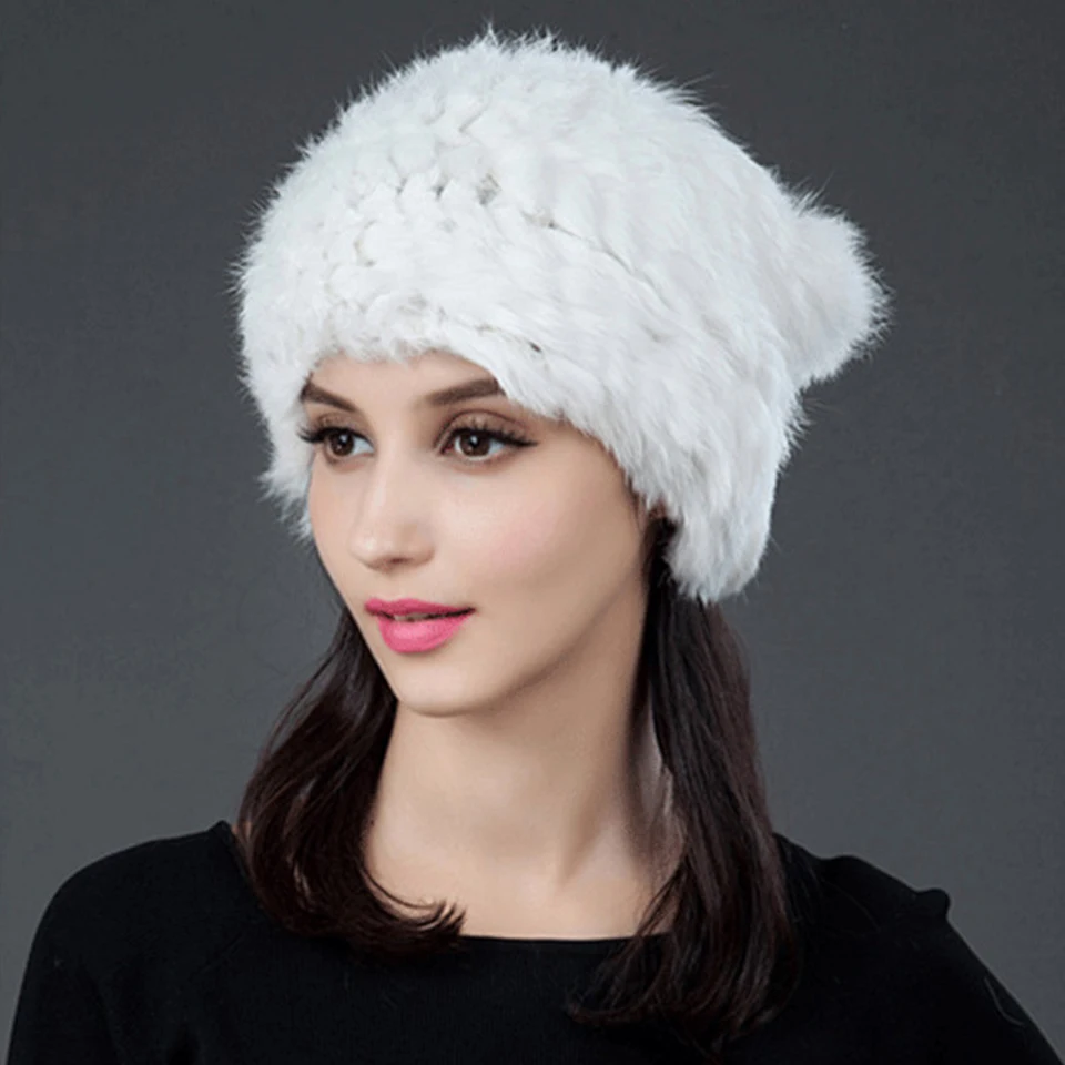 

Real Rabbit Knitted Fur Hat for Russia Women Luxury Winter Warm Fur Scarf Top Cap New Thick Female Cap Beanies HN20