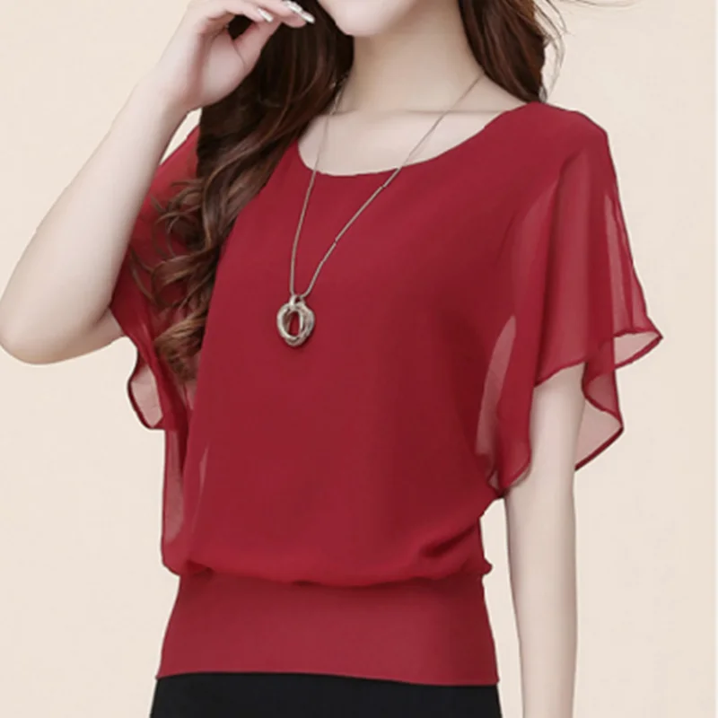 

2019 Summer New arrival Women Chiffon Blouse Solid color Bat Short sleeve Blouse Oversized 5XL Female Tops
