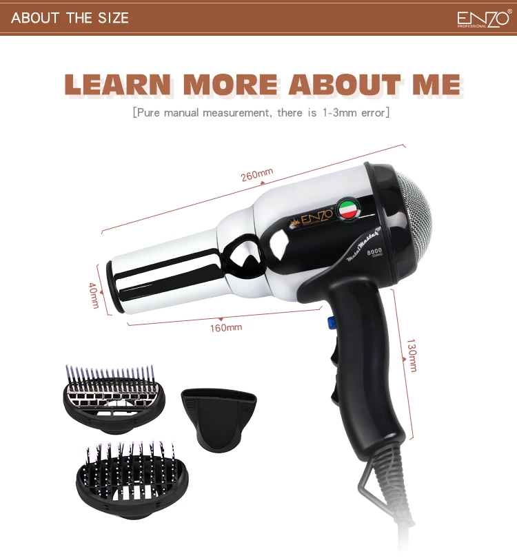 Enzo 8000w Corpo de Metal Volumizer Salon Professional Secador de Cabelo de Íons Negativos Secador de Cabelo Escova Quente/frio com ar Coleta de Bico 9 íon negativo secador de cabelo escova quente frio com ar coleta bico