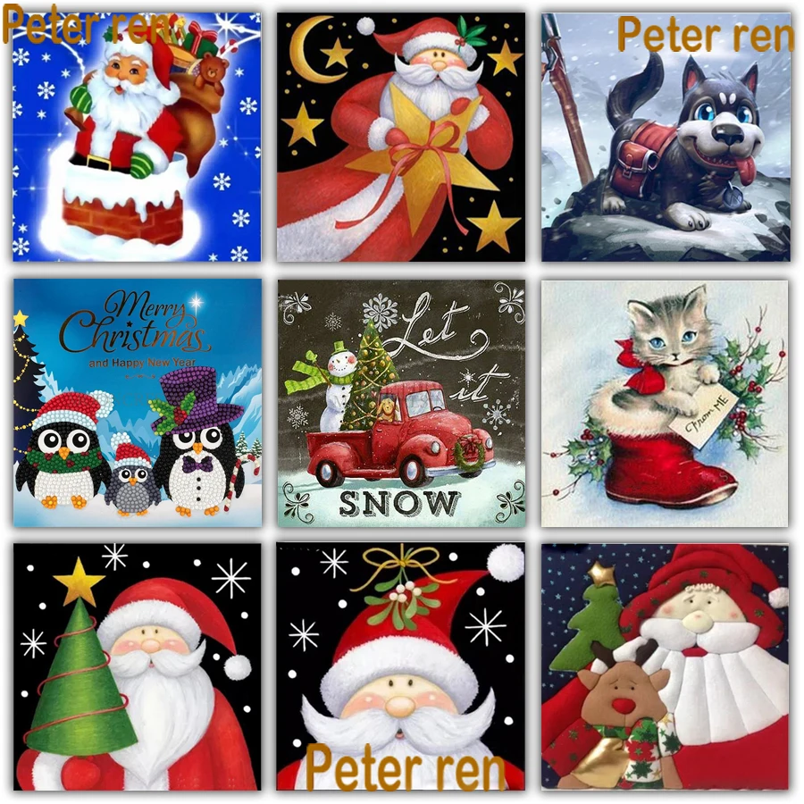 

Peter ren Diy Diamond Painting Cross stitch kit full Embroidery Christmas Round drill Mosaic pictur Santa Claus dog cat penguin
