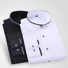 Бренд Новая мужская рубашка воротник стойка с длинными рукавами Классическая однотонная мужская Рубашка Формальная деловая белая рубашка мужская