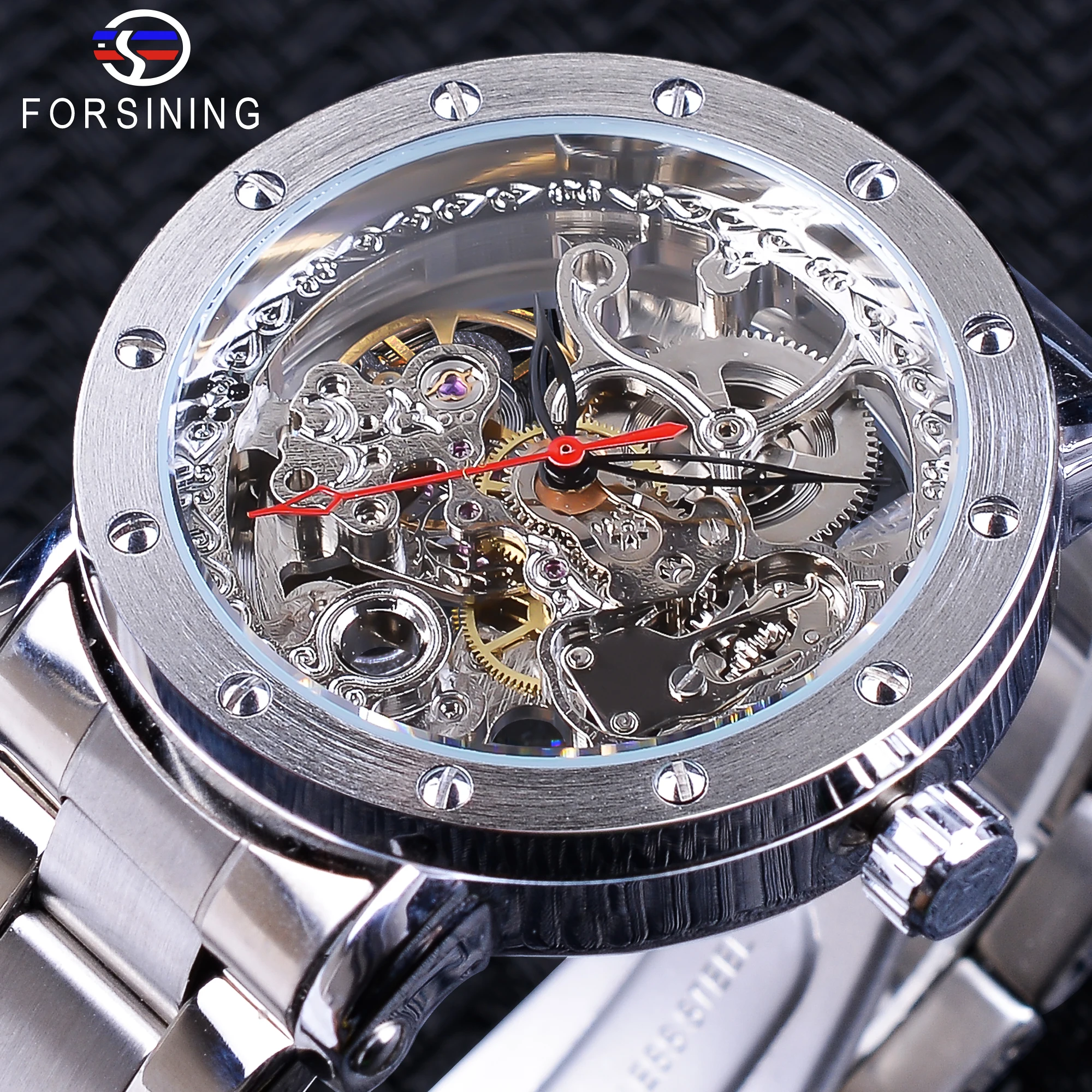 Forsining Fashion Silver Skeleton Wristwatch Black Red Pointer Stainless Steel Belt Waterproof Automatic Watches for Men | Наручные часы