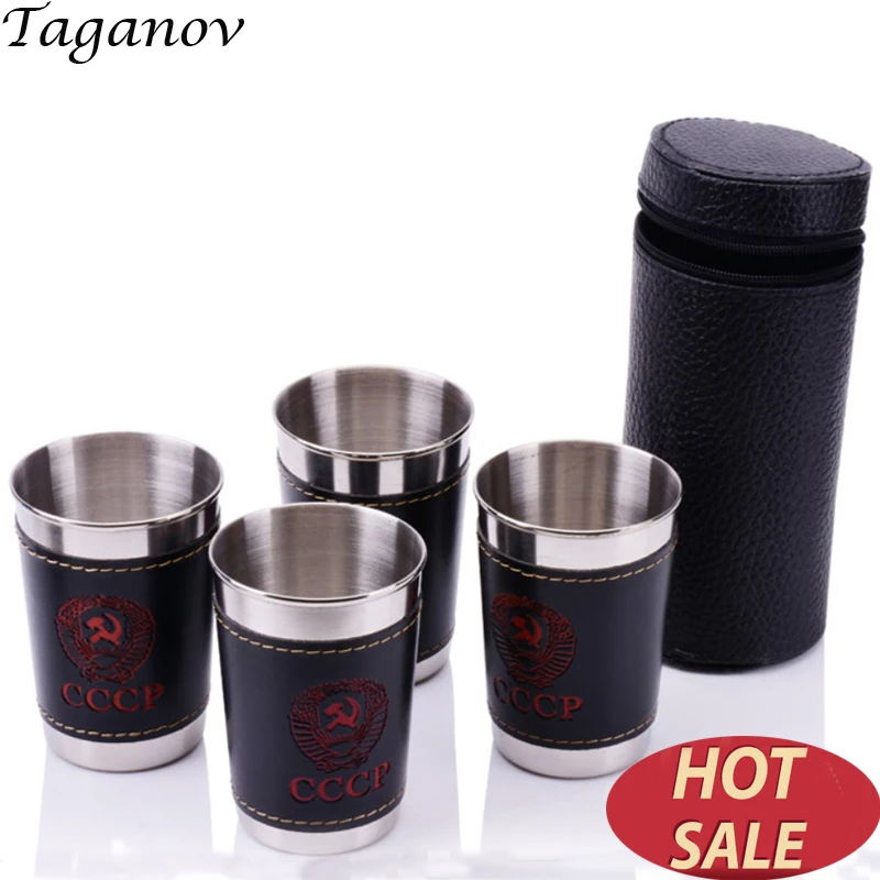 

4 pcs /set 304 Stainless Steel Wine Beer Whiskey Cup Outdoor Travel Mug with PU Leather Cover for camping holiday picnic 6oz 2oz