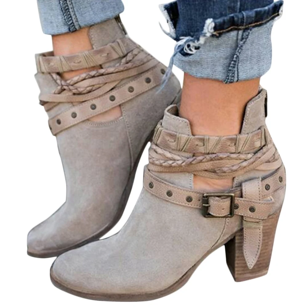 

2018 Flock Leather Women Gladiator Boots Women Plus Size 42 43 Chunky High Heel Ankle Strap Buckle Round Toe Autumn Boot