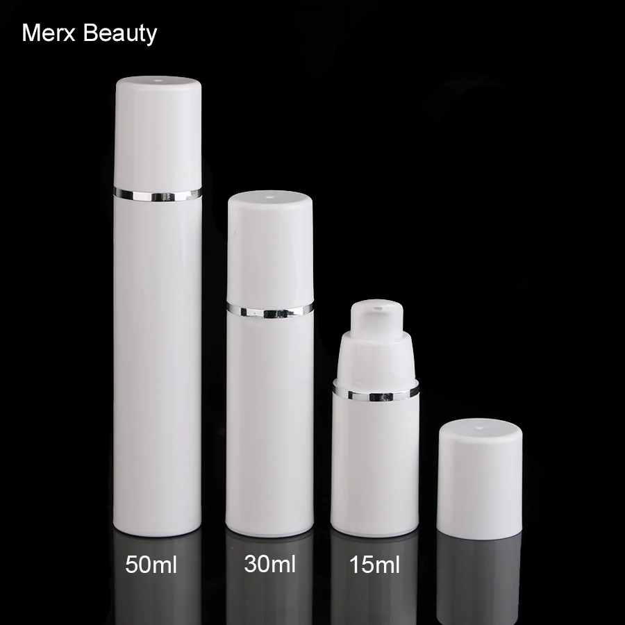 

White Airless Cosmetic Vacuum Pump with silver line Lotion Bottle 15ml/30ml/50ml,10pcs and 50pcs options. MERX BEAUTY BRAND