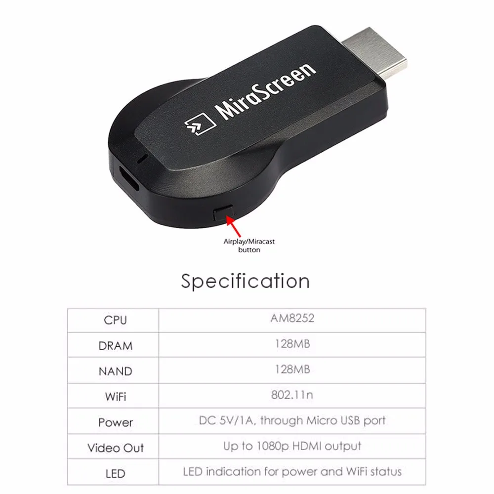 Mirascreen OTA TV Stick Dongle легкий литой донгл EZCast с Wi-Fi, Дисплей приемник DLNA AirPlay Miracast Airmirroring Full HD 1080P приемник