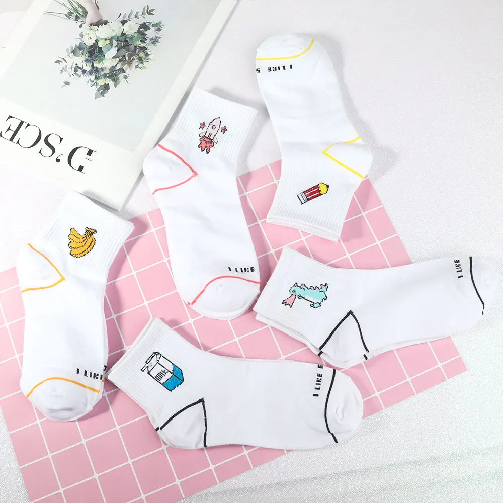 

Fashion Women's Kawaii Milk Banana Dinosaur Pencil Rocket Cartoon Socks meias Novelty Illustration Letter White Cute Cotton Sock