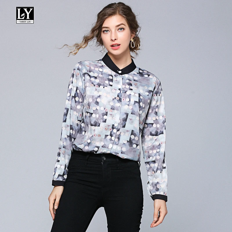 

Ly Varey Lin Summer Women Shirt Stand Collar Polka Dot Floral Print Blouses Female Office Lady Casual Single Breasted Shirt