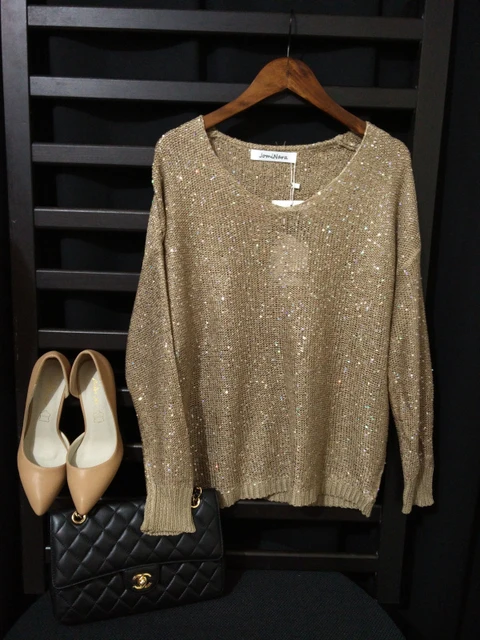 Fluffy lurex jumper, gold