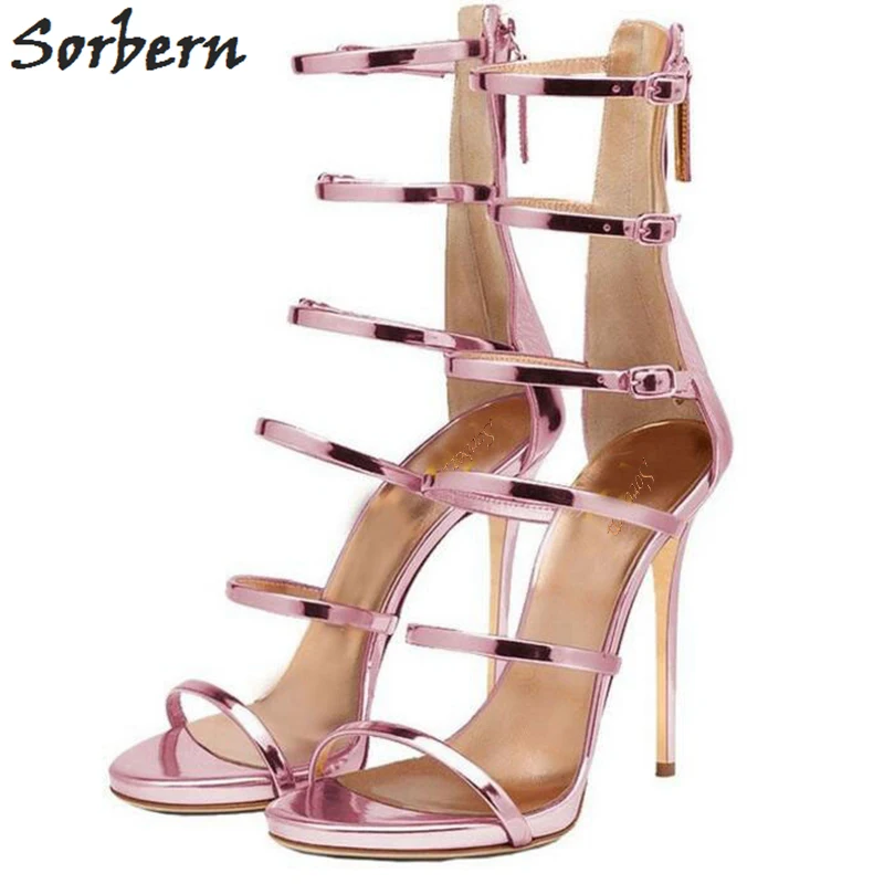 

Sorbern Metallic Gladiator Style Sandals Summer Shoes Women High Heels Back Zipper Narrow Band Stilettos Heeled Size 33-46