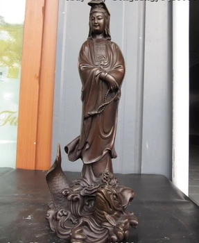 

15"China Bronze Statue of South Sea Ride Fish Kwan-Yin Guan yin Bodhisattva
