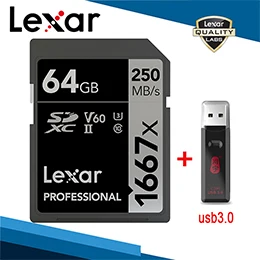 Lexar 256 ГБ sd-карта с картридером Профессиональный SDXC 1667X карты и ридеры USB 3,0 UHS-II класс 10 U3 V60 4K карта памяти - Емкость: 64G and Reader