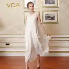 VOA 2017 Summer New Silk Chiffon Women White Dresses Irregular Solid Sleeveless Elegant O-Neck Casual Loose Boho Dress A5258