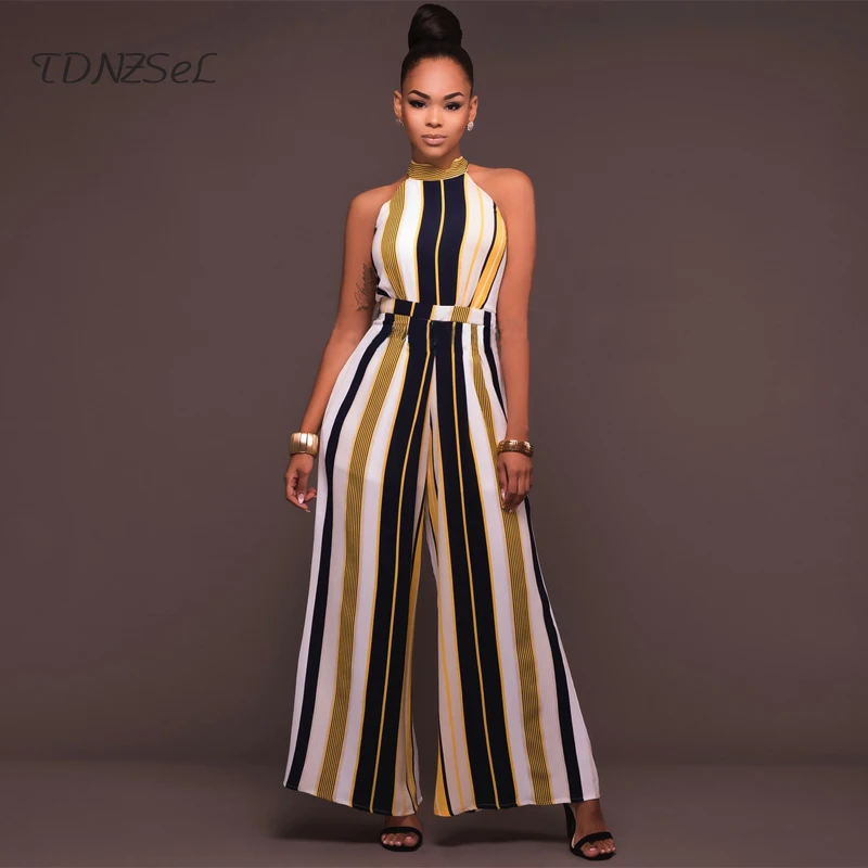

2019 New Sexy One Piece ROMPERS WOMENS JUMPSUIT STRIPED Elegant Long Wide Leg Pants Halter Loose Overalls Party Colorful Summer
