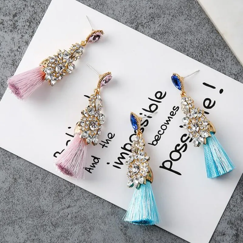 AE-CANFLY Full Rhinestone Long Thread Tassel Earrings Temperament oorbellen Big Statement Earring Fashion Jewelry EX551