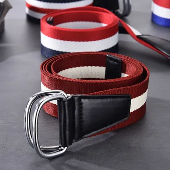 

Double Ring Buckle Women Canvas Belt Men Wrap Colorful Stripes Fashion Leather Buckle Student Jeans Belts Thin Skinny Waist Belt