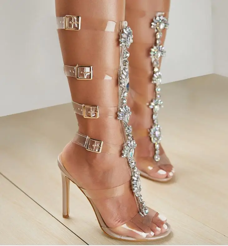 

Rhinestone shiny crystal transparent pvc summer thin high heels ladies women pumps zapatos mujer shoes woman sandals C02139