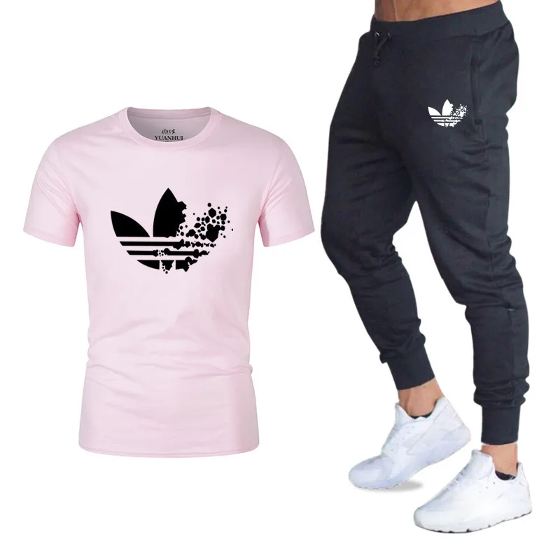 High quality men set Pants+T Shirts Sets Casual Elastic Mens Fitness Workout Pants Skinny Sweatpants Trousers Jogger Pants