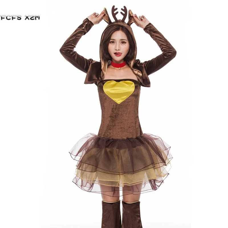 かわいい女性ハロウィントナカイ衣装のための女性クリスマスパーティー動物コスプレ冬パジャマカーニバルpurim仮面舞踏会ドレス Reindeer Costume Women Halloweencostumes For Parties Aliexpress