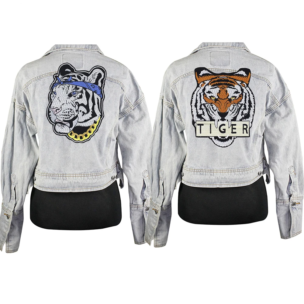 

Embroidery Tiger Head Clothes Motorcycle Back Patch Iron on Stickers for Jacket Decorated Embroidery Applique A38