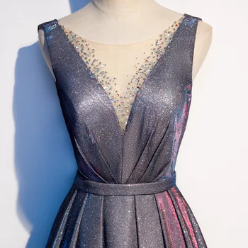 

New Elegant Rhinestone V-neck Long Evening Dresses Sequin knitting cap sleeve Lace Up Wedding Formal Party dress Robe de Soiree