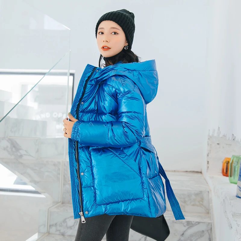 С поясом дизайн женская зимняя куртка 5 однотонных цветов с капюшоном женское Стеганое пальто Женская парка Mujer Invierno