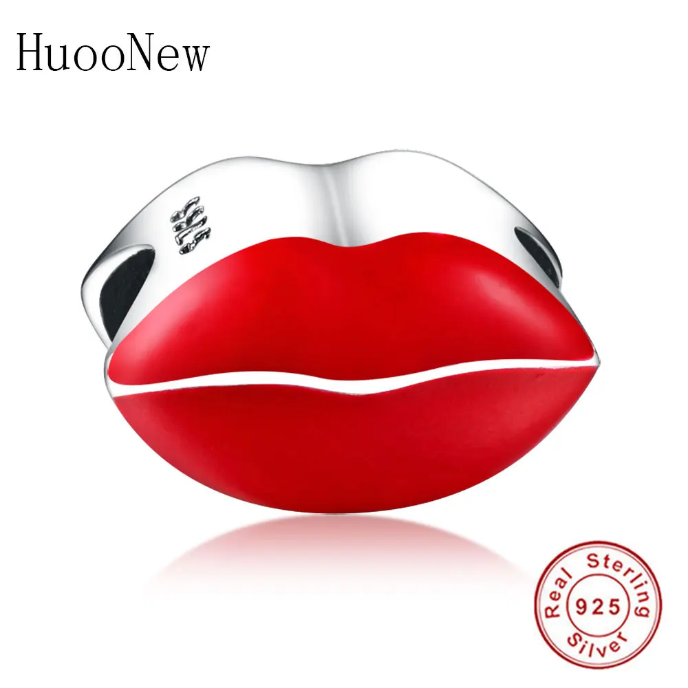

HuooNew Fit Original Pandora Charm Bracelet Necklace 925 Sterling Silver Red Enamel Lip Love Kiss Beads Women Jewelry Berloque