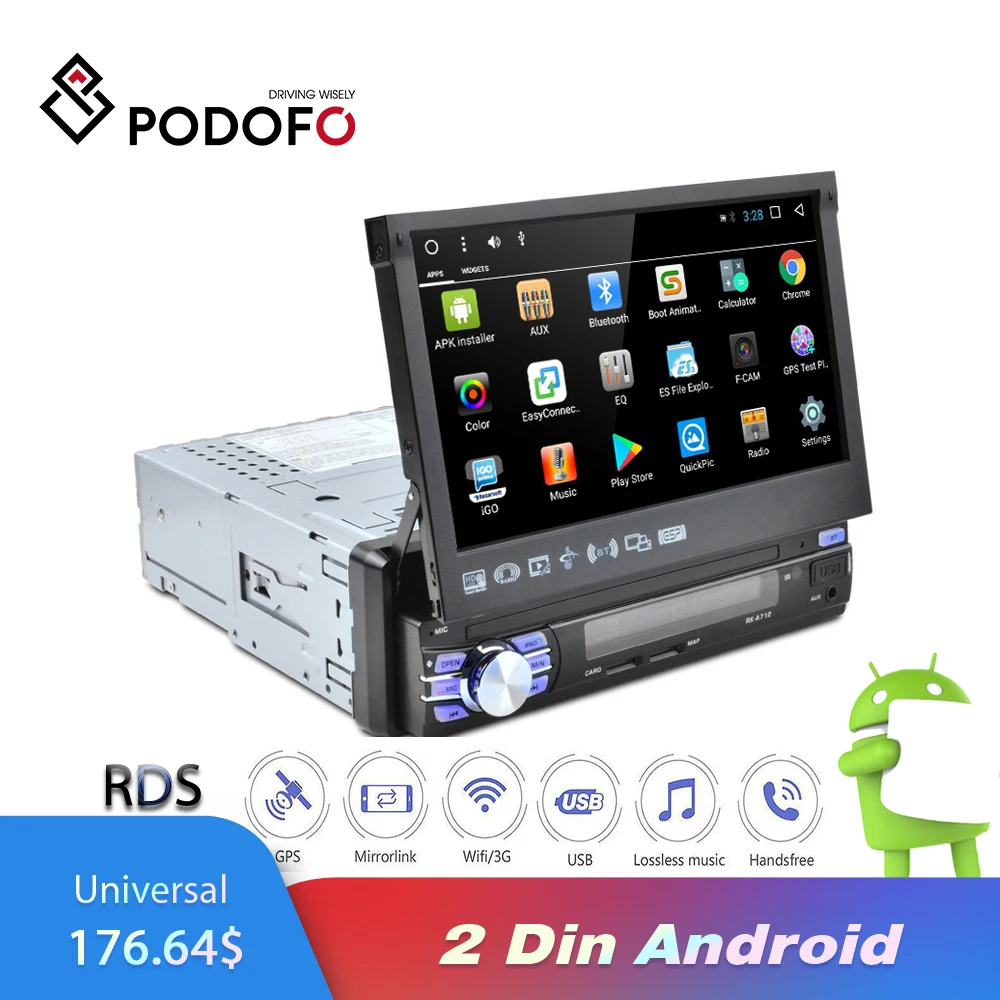 Podofo Android 2din 7 дюймов Автомагнитола телескопическая машина четырехъядерный
