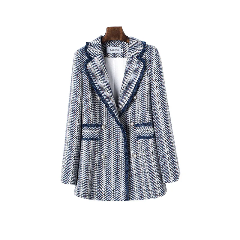 

New Women's Coat Striped Elegant 2019 Autumn Designer Chic Office Ladies Woolen Jackets High Quality Double Pearl Buttons Jacket