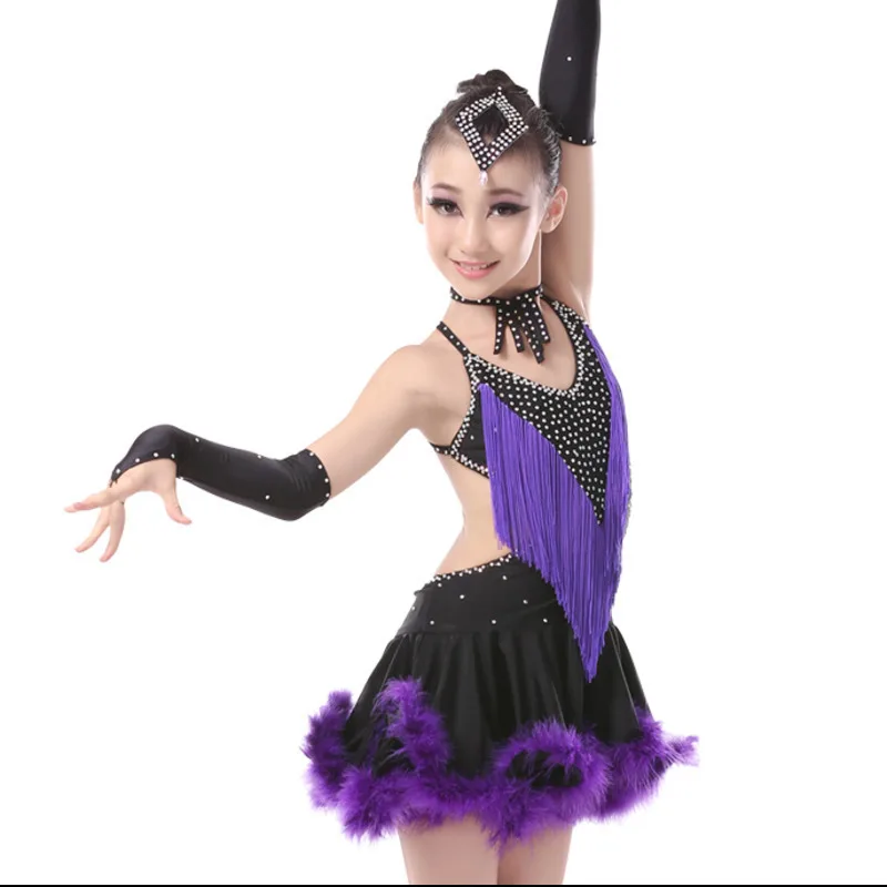 

child kid children professional latin dance dress for girls Modern Waltz tango Cha Cha kids ballroom competition dresses feather