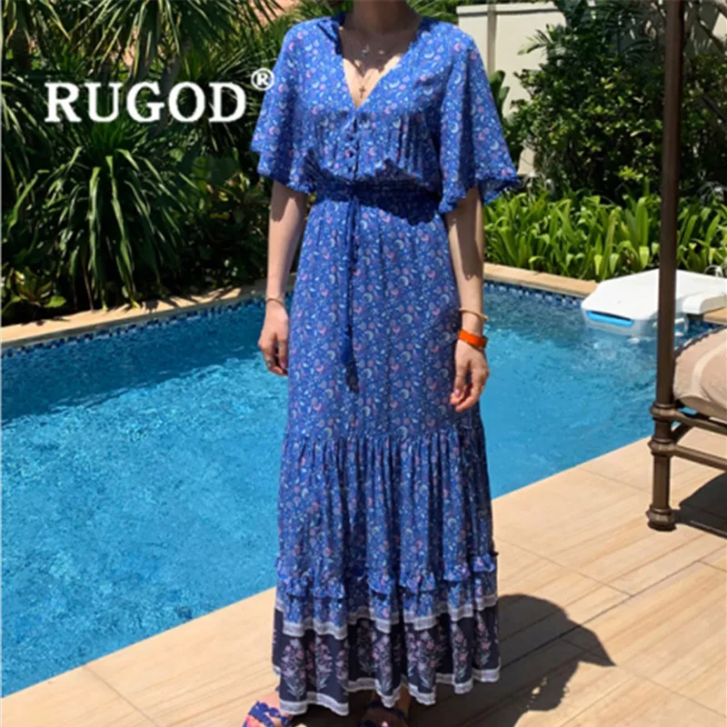

RUGOD 2019 summer dress women floral dress V neck Waist slim vestidos verano 2019 party boho dress