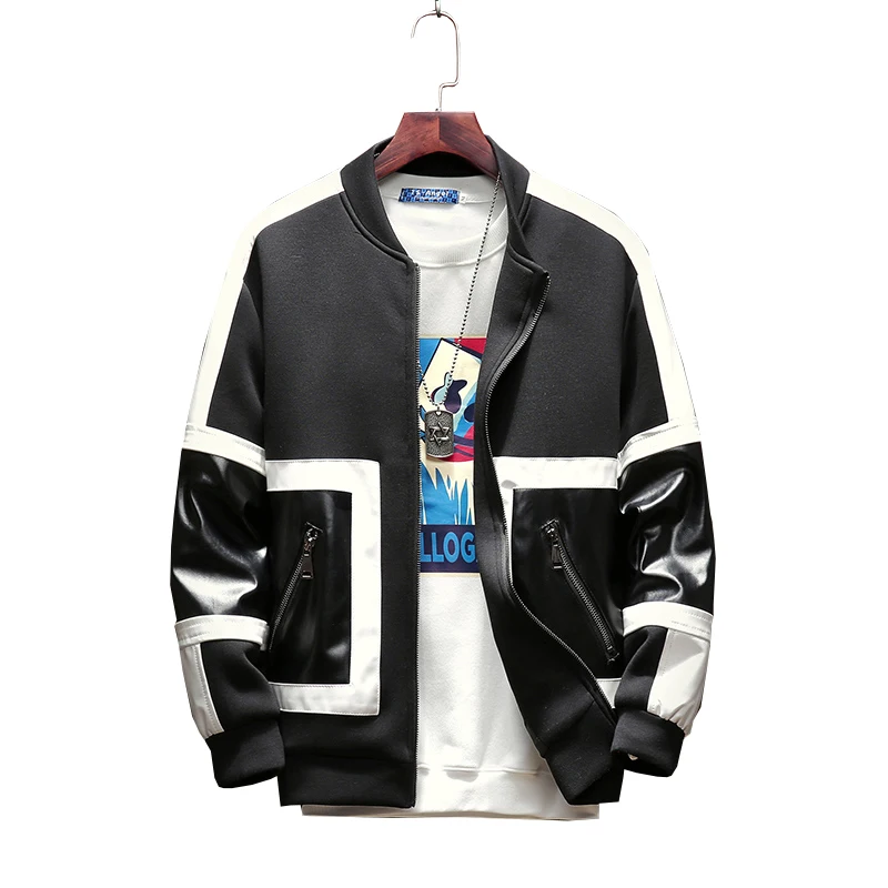 

Men coat jacket Stand Collar Patckwork PU Slim Fit Fashion Top Jacket 2019 Autumn Baseball Jackets Men jaqueta masculino