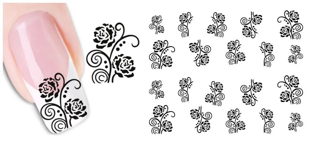 50 шт., акция, наклейки для дизайна ногтей, цветок, длинная лоза, черные кружевные наклейки, украшения, маникюр, сделай сам, стильные обертывания, инструменты, XF1422-1469